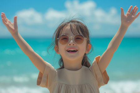 Cute little Asian girl playing near the sea in sunglasses raised hands, family vacationの素材