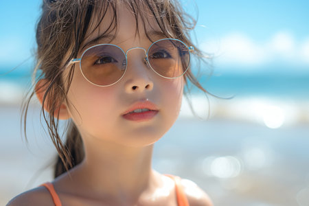 Cute little Asian girl standing near the sea in sunglasses, family vacationの素材