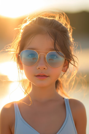 Cute little Asian girl standing near the sea in sunglasses, family vacationの素材