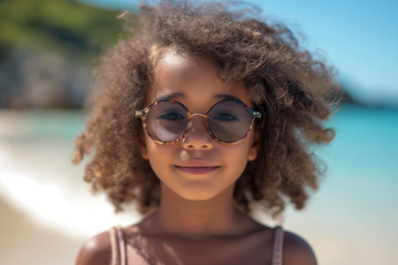 Cute little African American girl standing near the sea in sunglasses, family vacationの素材