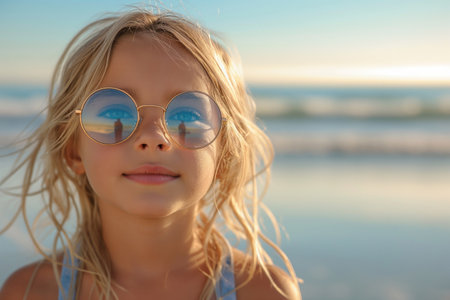 Cute little girl standing near the sea in sunglasses, family vacationの素材