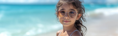 Cute little Indian girl standing near the sea in sunglasses, family vacationの素材