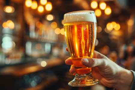 A hand holding big glass of foamy beer against blurred bar interior background with space for textの素材
