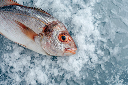 A whole fresh raw dorado fish on ice in the showcase. Seafood delicaciesの素材