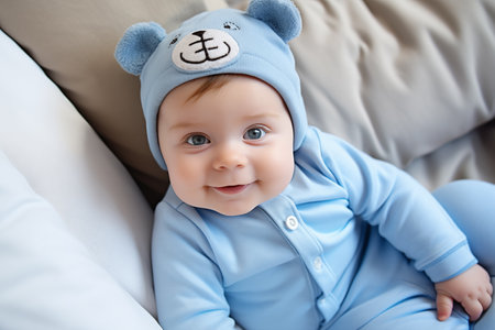 Cute two month old baby in blue clothes and bear hat looks into the cameraの素材
