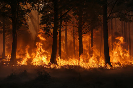 A beautiful wild forest on a mountain, engulfed in fire with a lot of smokeの素材