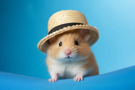 Cute little hamster wearing a straw hat on a blue backgroundの素材