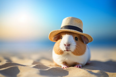 Cute guinea pig wearing a straw hat on the beach by the oceanの素材