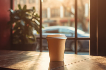 Paper takeaway coffee cup with a lid in a cafe on the wooden table in sunlightの素材