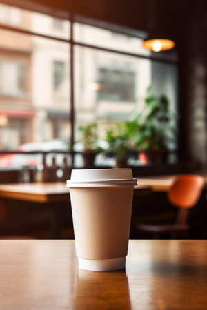 Paper takeaway coffee cup with a lid in a cafe on the wooden tableの素材