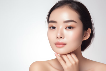 Beautiful happy young Asian woman takes care of her skin, posing over gray backgroundの素材