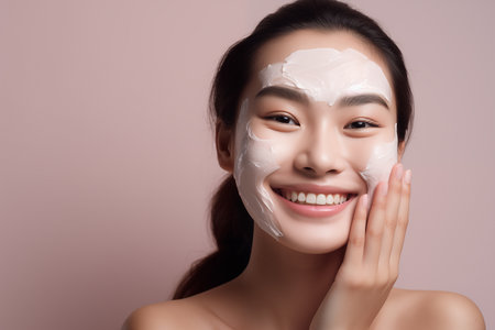 Beautiful happy smiling Asian woman applying skin care cream on her faceの素材