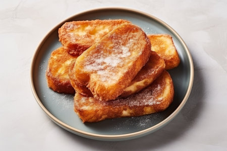 Traditional Spanish dessert Torrijas. Heap of a deep fried sweet bread on a blue plateの素材