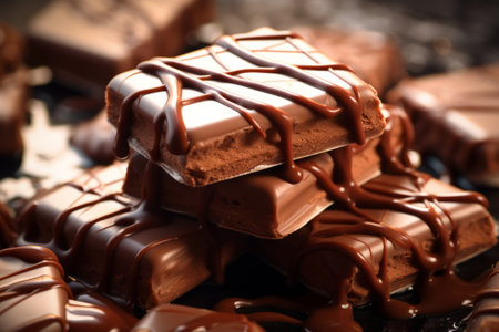 Pieces of milk chocolate with melted caramel on the black tableの写真素材