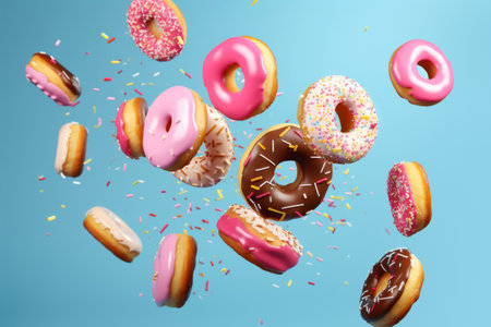 Various colorful decorated donuts and sprinkles in motion fall on a blue backgroundの素材