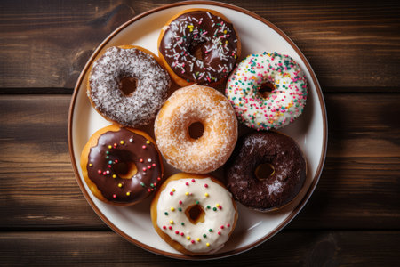 Top view of a heap of homemade freshly baked glazed donuts with colorful sprinkles on the plateの素材
