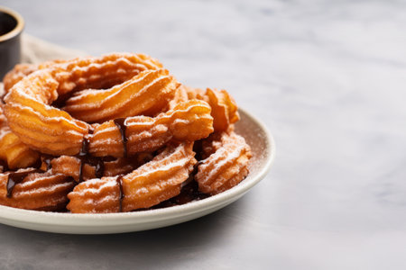 A heap of traditional Spanish dessert churros on the plate with chocolate sauce and copy spaceの素材
