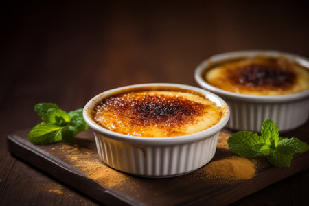 Two servings of creme brulee traditional French vanilla cream dessert on wooden board, rustic styleの素材