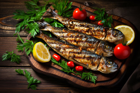 Delicious grilled sardines with lemon. dill and tomato on the wooden boardの素材