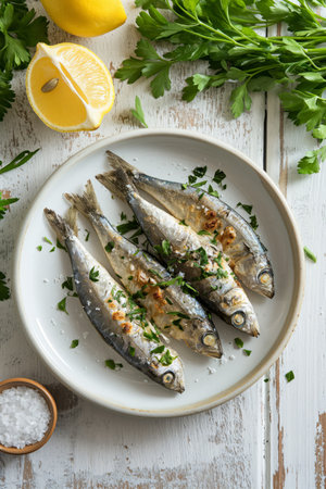 Sardines, lemon, greenery and salt on white plate on wooden kitchen table. Mediterranean cuisineの素材