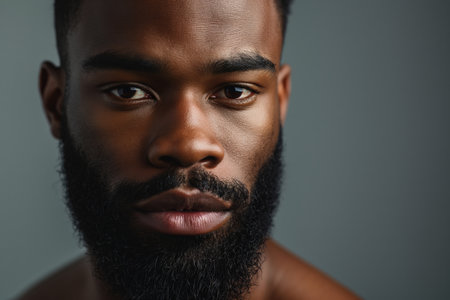 Portrait of young hadsome serious bearded African American man on gray background with copy spaceの素材