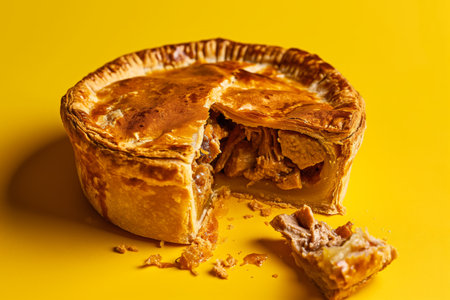 Traditional English pork meat pie with jellied pork stock on the yellow backgroundの素材