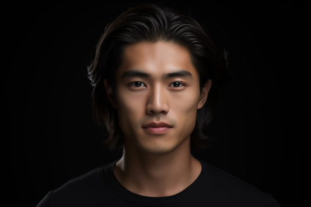 Handsome Asian Man contented expression and healthy hair looking at camera against black backgroundの素材