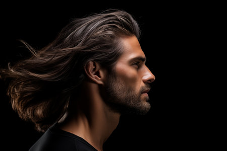 Profile portrait handsome Caucasian bearded brunette man contented expression and healthy wavy hairの素材