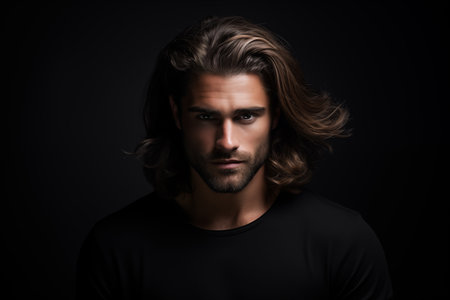 Handsome Caucasian man contented expression and healthy long hair looking at cameraの素材