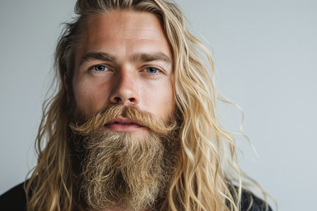 Handsome Norwegian bearded man is blond with long well groomed hair looking at cameraの素材