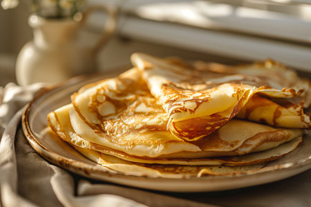 Crepes thin pancakes, traditional Russian dessert. Tasty breakfast on the modern kitchenの素材