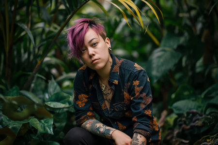 Beautiful non-binary individual outdoors. Real people. Street fashionの素材