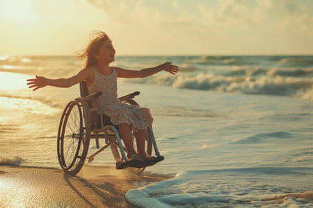 Beautiful caucasian happy girl in a wheelchair by the sea. People with disabilitiesの素材