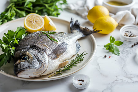 Dorado, lemon and salt on a white plate on a white marble kitchen table. Mediterranean cuisineの素材
