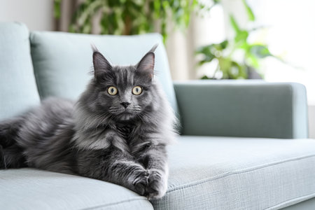 A beautiful gray fluffy Nebelung cat sitting on the sofa in a modern, minimalistic living roomの素材