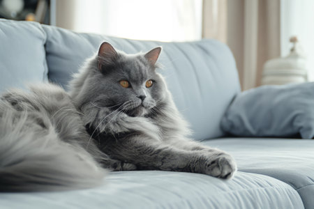 A beautiful gray fluffy cat sitting on the sofa in a modern, minimalistic living roomの素材
