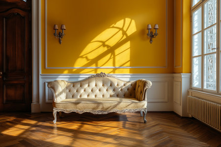 Room with a pastel yellow color wall, parquet floor and a beige sofa. Interior design mockupの素材