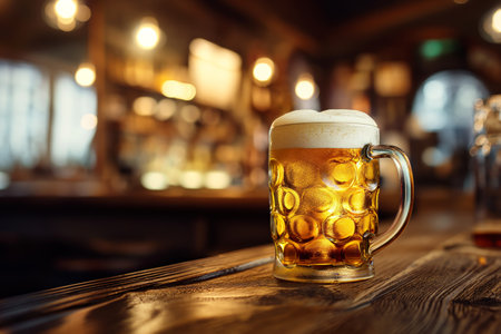A golden mug of beer with foam on a wooden bar counter in a pubの素材
