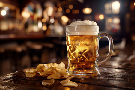 A golden mug of beer surrounded by potato chips on a wooden table in a pubの素材