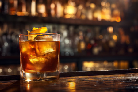A glass of a Bourbon Old Fashioned cocktail against the cozy backdrop of a bar with space for textの素材