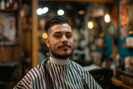 Handsome brunette bearded man sitting in the chair in barbershop and looking in the cameraの素材