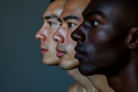 Striking beauty portrait in a studio setting featuring three men of diverse nationalitiesの素材