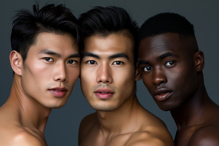 Striking beauty portrait in a studio setting featuring three men of diverse nationalitiesの素材
