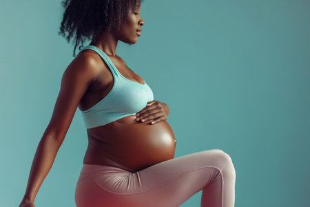 9 month pregnant African American woman wears sportswear touching belly against turquoise backgroundの素材