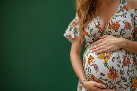9 month pregnant woman wears white dress with flower print touching belly against green backgroundの素材