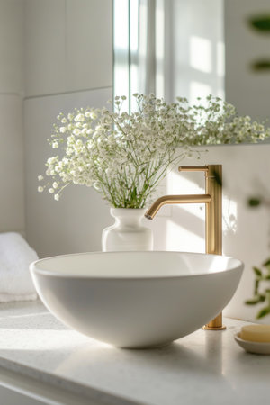 Elegant white bathroom sink with a modern faucet and rolled towelsの素材