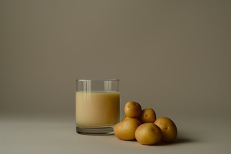 Glass of potato milk with fresh potatoes in the background, a dairy-free milk alternativeの素材