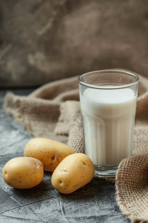 Glass of potato milk with fresh potatoes in the background, a dairy-free milk alternativeの素材
