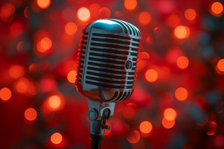 Vintage microphone against a bokeh background. Live performance or recording sessionの素材