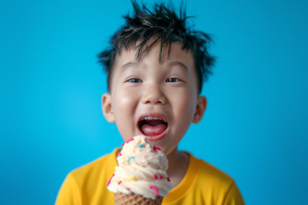 A joyful young boy in a yellow shirt bites a colorful ice cream cone against a vibrant blue backdropの素材